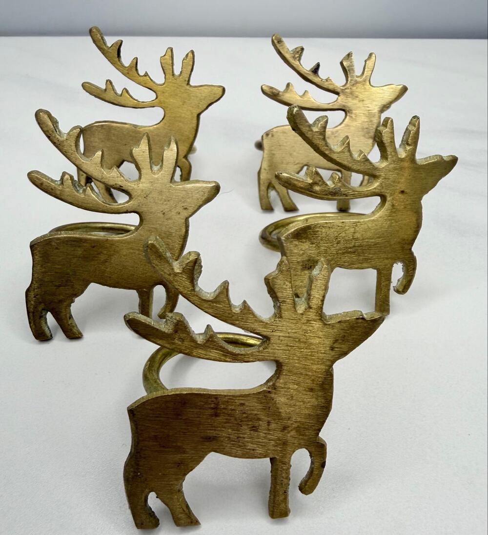 Vintage Crate & Barrel Brass Christmas Reindeer Napkin Rings - Set of 5